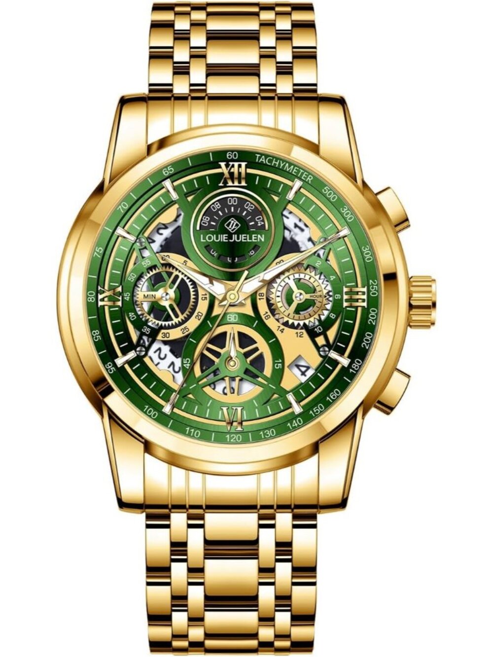 Men's Gold Green Full Chronograph Quartz Analog Stainless Steel Waterproof Watch